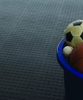 Interlocking 18 By 18 Inch Raised Coin Floor Tiles for Home Gym Garage Basement Black 24 Pack with sports balls on blue tub