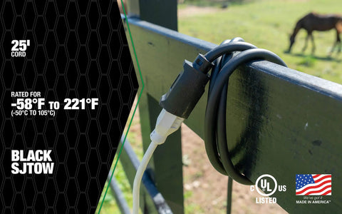 Heavy Duty 12/3 25 Foot Extension Cord For Farm And Shop Use All Copper Wire SJTOW Weather Rated Extra Durable Molded Plug Cold Weather Ready From -58F To 221F Black coiled on a fence outdoors