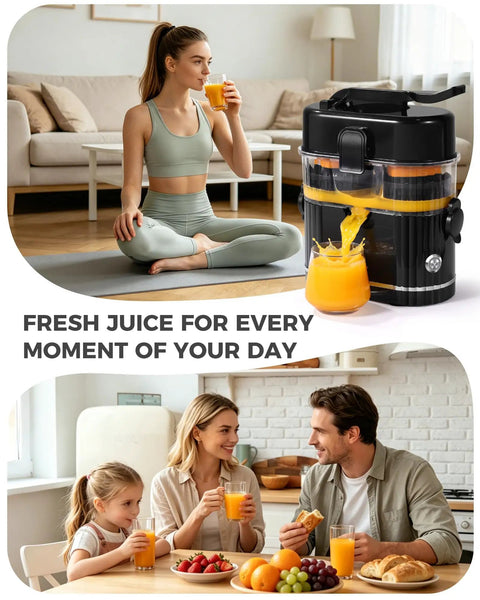 Amzpass Dual Head Electric Orange Juicer With Built In Cutter Citrus Squeeze Machine one touch auto press, black juicing oranges.