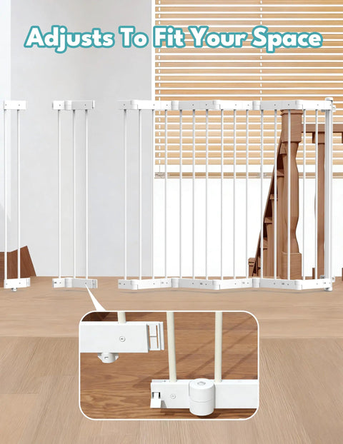 Heavy Duty Metal Retractable Pet Gate For Doorways And Stairs With Auto Close Design showing adjustable width and secure mounts.