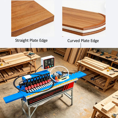 Knockout Automatic Woodworking Edge Bander For Curved And Straight Boards Dual Hot Melt Glue Adjustable Speed Auto Tape Break 110V showcased with straight and curved plate edges.