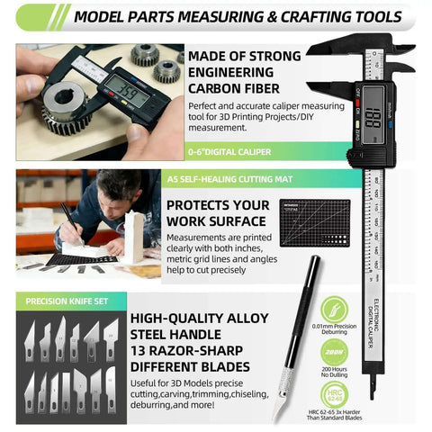 Must Have 76 Piece 3D Printer Tools Kit With Digital Caliper and precision deburring tool for Bambu Lab Ender 3 printers.