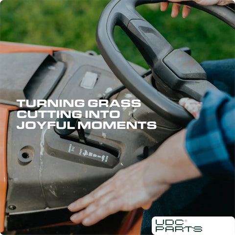 Person operating lawn tractor steering wheel with text overlay 'Turning Grass Cutting into Joyful Moments'