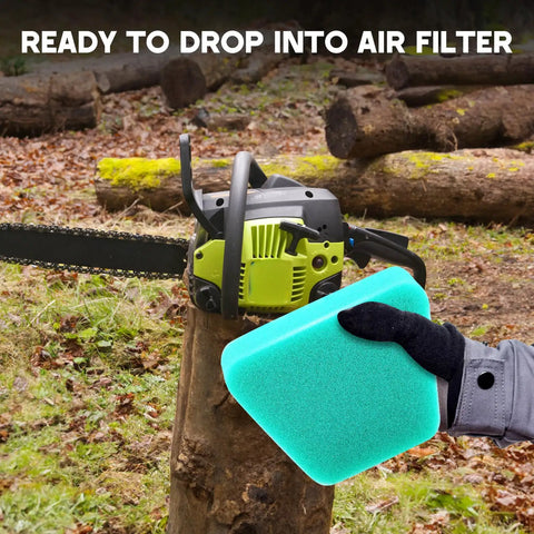 Gloved hand holding air filter next to chainsaw, part of Air Filter Fuel Line Primer Bulb Spark Plug Tune Up Kit For 42cc Poulan Craftsman Chainsaws.