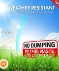 Heavy Duty No Dumping And No Littering Sign 2 Pack Rust Proof Aluminum Property Boundary Signs 12x6 Inches in grass.