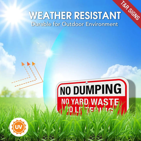 Heavy Duty No Dumping And No Littering Sign 2 Pack Rust Proof Aluminum Property Boundary Signs 12x6 Inches in grass.