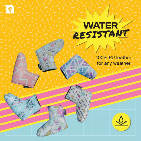 Assorted designs of Magnetic Blade Putter Cover with Fleece Lining, Water Resistant Golf Headcover on colorful background