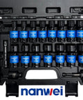 Grab The Ultimate 19 Piece Metric Impact Socket Set With Deep Well And Shallow Sockets Made From Tough Chrome Moly Steel Perfect For Auto Repair And Heavy Duty Jobs Featuring Universal Hex Sizes Plus Essential Extension Bars To Get Any Job Done Right. 3/8 drive case with 8-22mm CR-MO sockets
