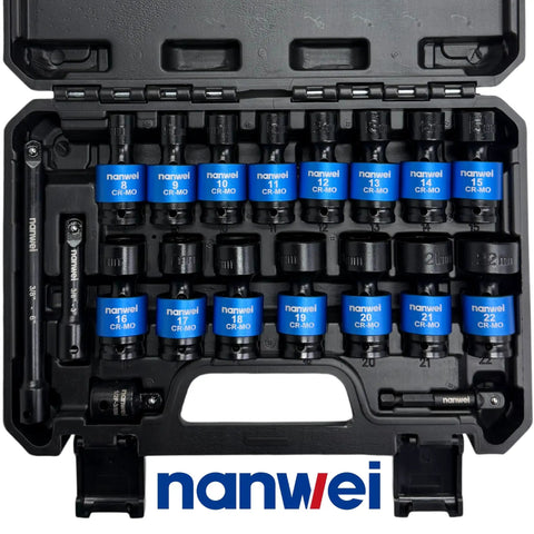 Grab The Ultimate 19 Piece Metric Impact Socket Set With Deep Well And Shallow Sockets Made From Tough Chrome Moly Steel Perfect For Auto Repair And Heavy Duty Jobs Featuring Universal Hex Sizes Plus Essential Extension Bars To Get Any Job Done Right. 3/8 drive case with 8-22mm CR-MO sockets