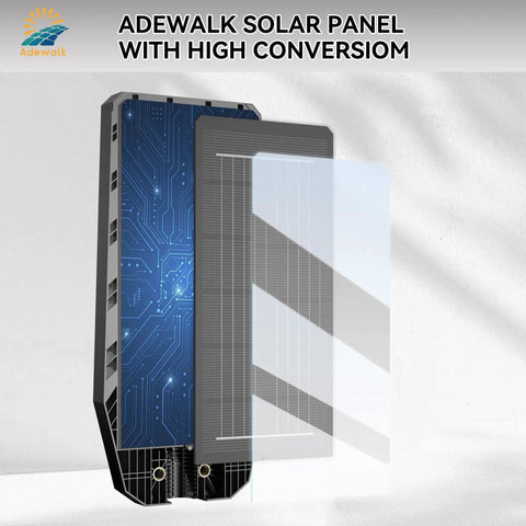 Adewalk high conversion solar panel with layered structure, showing circuitry details and sunlight absorption panel.