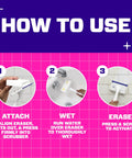 How to use Magic Eraser Shower and Tub Scrubber Bathroom Cleaner All In One Kit with steps: attach, wet, and erase.