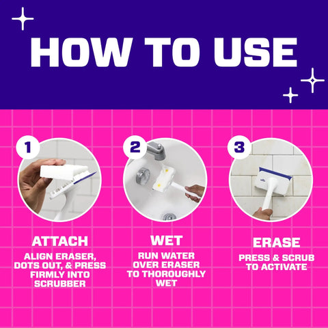 How to use Magic Eraser Shower and Tub Scrubber Bathroom Cleaner All In One Kit with steps: attach, wet, and erase.