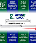 Maxi Twist Tight Sliding Door Security Bar extending 25 to 42 inches, white color, shown in product diagram.