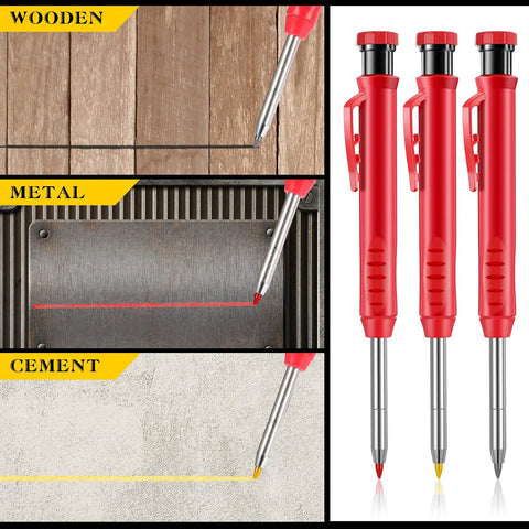 Three Pack Long-Nosed Carpenter Mechanical Pencils With Built-In Sharpener marking wood, metal, cement with red yellow refills