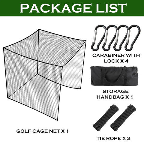 Backyard Baseball Batting Cage Netting 10x10x10 Ft Practice Net With 4 Carabiners And 2 Tie Ropes package contents display