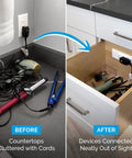 Kick Countertop Clutter Right Out Of Sight With This Matte Black In Drawer Outlet Acting As A Total Game Changer Featuring Dual GFCI Receptacles Smart Cord Routing And Safe Heat Control, showing before and after of cluttered cords.