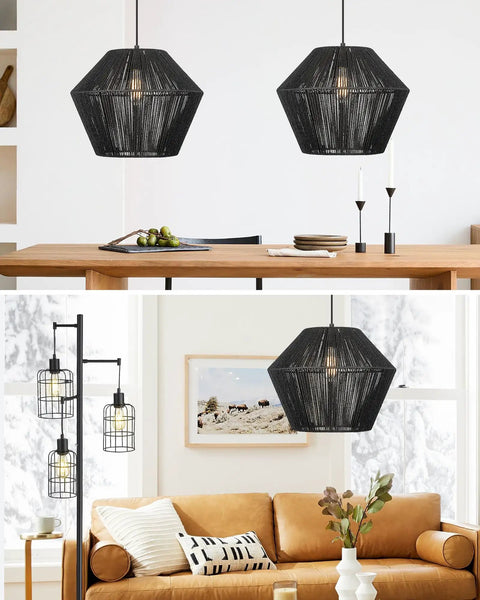 Handwoven Rattan Basket Shade Boho Chic Pendant Light 16.5 Inch Matte Black Modern Farmhouse Coastal Chandelier in living space