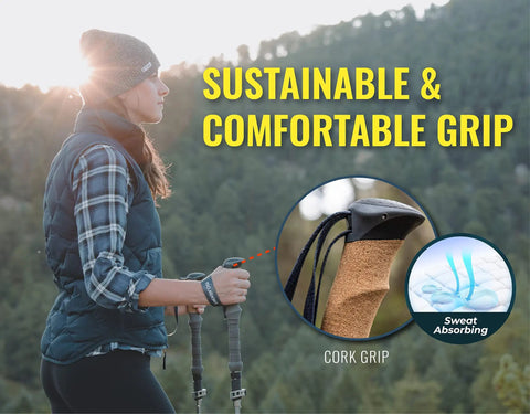 Woman hiking with Trek-Z Cork Grip Trekking Poles for Hiking, highlighting sweat-wicking cork grip detail