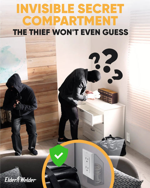 Two thieves unaware of Electrical Outlet Hidden Wall Safe With Real Wall Plate Included, focusing on visible drawer and jewelry.