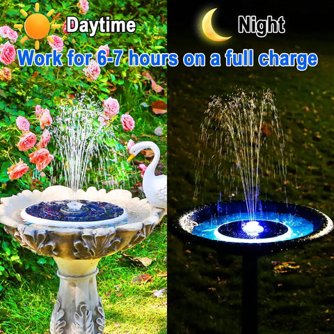 Solar Powered Bird Bath Fountain With Six Point Five Watt Solar Panel And 3000mAh Battery with LED lights in garden