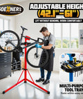 Heavy Duty Bike Repair Stand For E Bikes And MTB Portable Foldable Work Stand Supports Up To 176 Lbs Adjustable Height with man working.