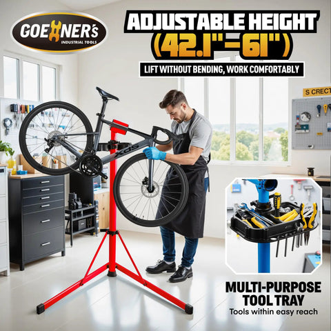 Beefed Up Heavy Duty Bike Repair Stand for E-Bikes MTB Road and Mountain Bikes with man fixing bicycle indoors