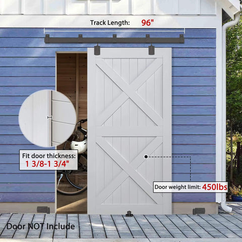 Outdoor Grade 8-Foot Sliding Barn Door Hardware Kit for Exterior Use, Heavy Duty Track System With Galvanized Steel Rails, Wall Mount, Black Finish, Hardware Only No Door, installed on exterior wall.