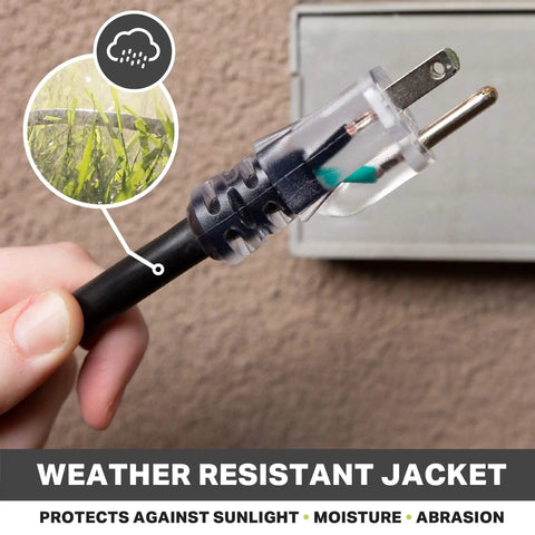 Beefy 10 Gauge Extension Cord 100 Ft Weatherproof Outdoor Power Cable shown with clear 3-prong plug and weather resistance