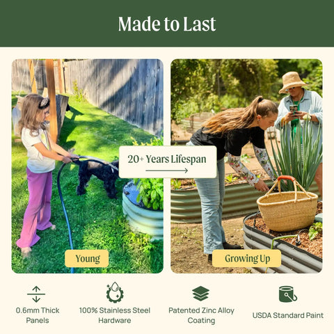 Two people using the Olive Green 17 Inch Tall 6 In 1 Modular Metal Raised Garden Bed Kit For Vegetables And Flowers Yard Friendly Patio Ground Planter Box With Flexible Configurations DIY Ready.