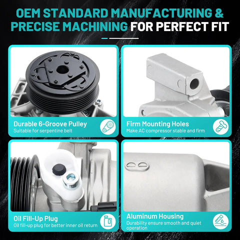 Superior A/C Compressor Keep Your Daily Cruisers Frosty For Nissan Versa Note 2012-2019 And Tiida 2016-2018 showing durable pulley, oil fill-up plug, and aluminum housing.