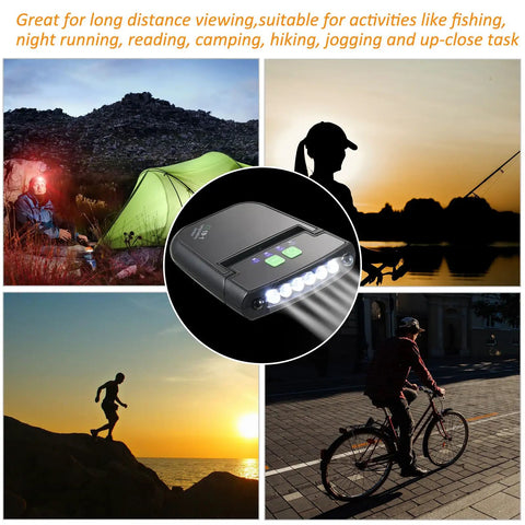 Two Pack USB Rechargeable LED Clip On Cap Lights With Power Level Display Waterproof Hat Clip Flashlights For Fishing Camping And Work Bright Hands Free Headlamp For Night Tasks with outdoor activity scenes.
