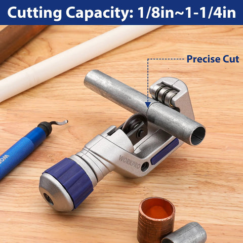 WORKPRO 3-piece tubing cutter set: mini copper pipe cutter with deburring tool; blue knob and copper pipe on wood bench