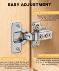 Four Pack Soft Close Cabinet Hinges, No Squeak, 1/2 Inch Overlay, Concealed Cup Hinges With 105 Degree Opening, easy adjustment guide