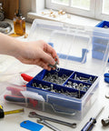 Two Pack Small Plastic Tool Box With Handle 2 Layer Clear Organizer With Removable Divider for DIY tools, open on table.
