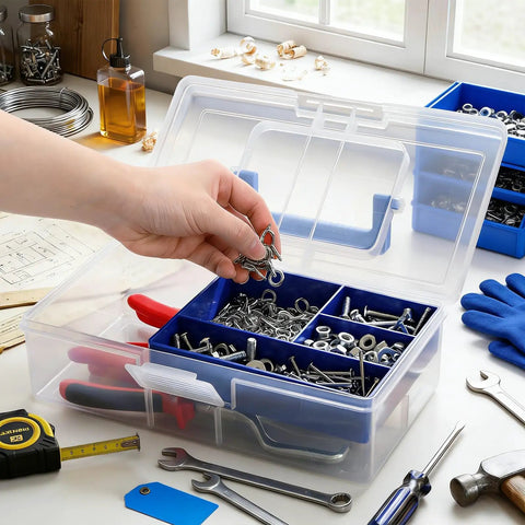 Two Pack Small Plastic Tool Box With Handle 2 Layer Clear Organizer With Removable Divider for DIY tools, open on table.
