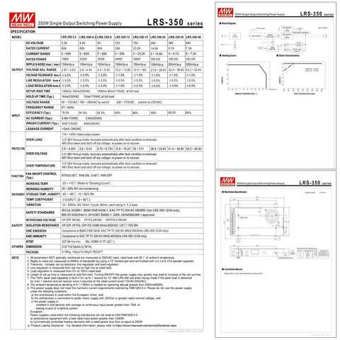 Industrial Switching Power Supply 5V 60A 300W UL Certified technical specifications on a document sheet.