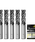 Five-piece One Eighth Inch Carbide Square End Mill Set with Four Flutes for Alloy Steels Hardened Steels Aluminum CNC Router Bits