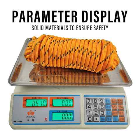 Heavy Duty Diamond Braided Polypropylene Nylon Rope Mix Half Inch 50 Ft Orange Workhorse Rope on scale display.