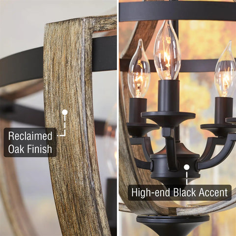 Details of reclaimed oak wood finish and black metal frame on Five Light Rustic Modern Foyer Chandelier for warm farmhouse vibe.