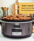 8-Quart Go-To Programmable Slow Cooker With Auto Warm, Digital Timer, And Easy Cleanup In Black Stainless Steel shown with meatballs