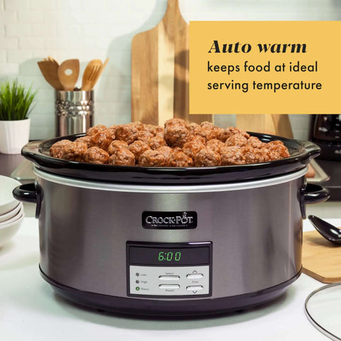 8-Quart Go-To Programmable Slow Cooker With Auto Warm, Digital Timer, And Easy Cleanup In Black Stainless Steel shown with meatballs