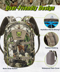 Front view of Camo G2 25L Hunting Backpack with Waterproof Rain Cover, Molle strap system, and hydration port features.