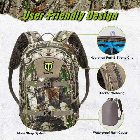 Front view of Camo G2 25L Hunting Backpack with Waterproof Rain Cover, Molle strap system, and hydration port features.