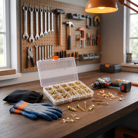 Door Hinge Repair Kit with 6x14mm Expansion Screws and High-Grip Wood Anchors on a workbench with tools and gloves