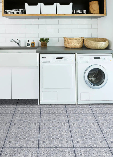 Hastings Peel And Stick Vinyl Floor Tiles Blue Medallion Pattern Water Resistant 12 In By 12 In No Fuss Easy Install