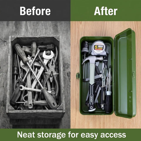 Before and after of a cluttered box vs. organized Green Metal Tool Box With Lock 15 Inch Heavy Duty Steel Chest Portable Workshop Organizer.