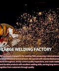 Welding process with sparks in a large welding factory, emphasizing quality and expertise in metalwork.