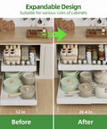 Before and after view of Super Slick Slide Out Cabinet Organizer Baskets For Kitchen Pantry And Under Sink Storage Extra Deep Twenty One Inch Expandable Four Pack.