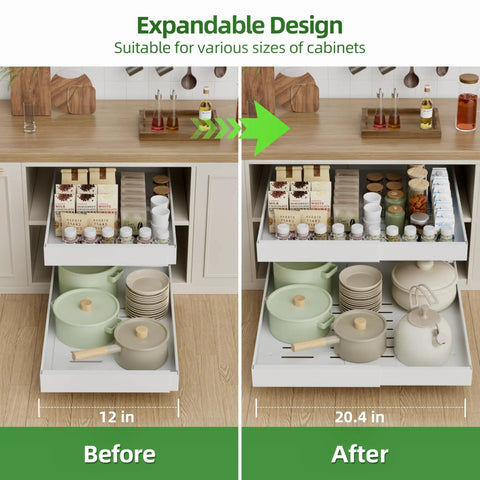 Before and after view of Super Slick Slide Out Cabinet Organizer Baskets For Kitchen Pantry And Under Sink Storage Extra Deep Twenty One Inch Expandable Four Pack.