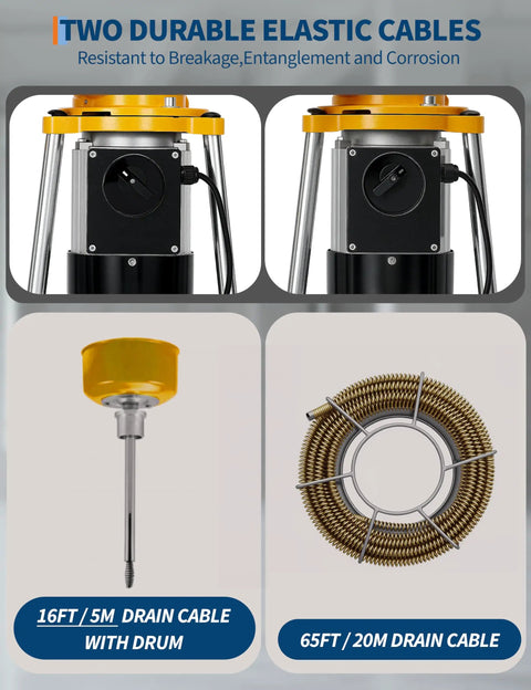 Heavy Duty Auto Feed Electric Drain Cleaner 500W Plug Chucker showing durable elastic cables and accessory drain cables.
